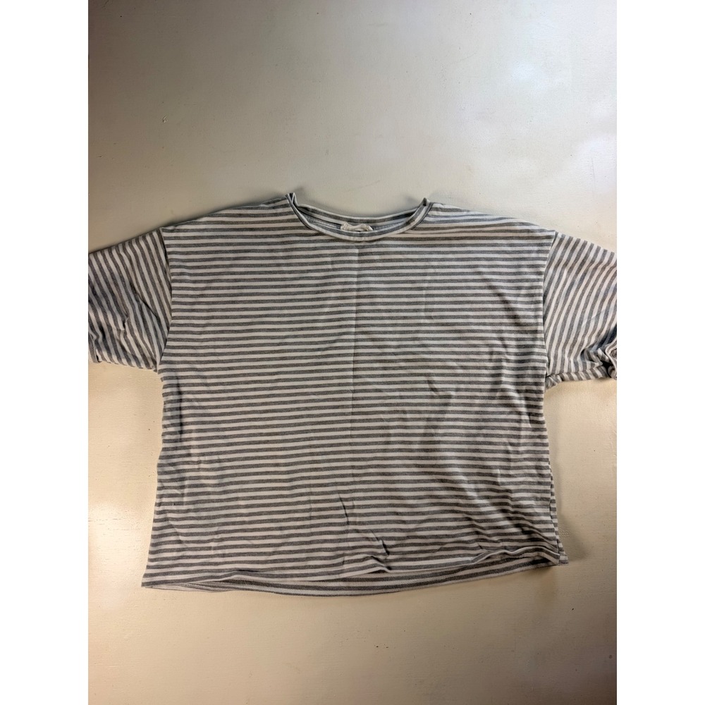 Storia Striped T-Shirt Womens Medium Gray White Excellent Boxy Cotton Top